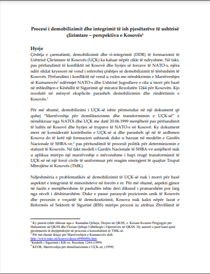 Procesi i demobilizimit dhe integrimit të ish pjesëtarëve të ushtrisë çlirimtare – perspektiva e Kosovës