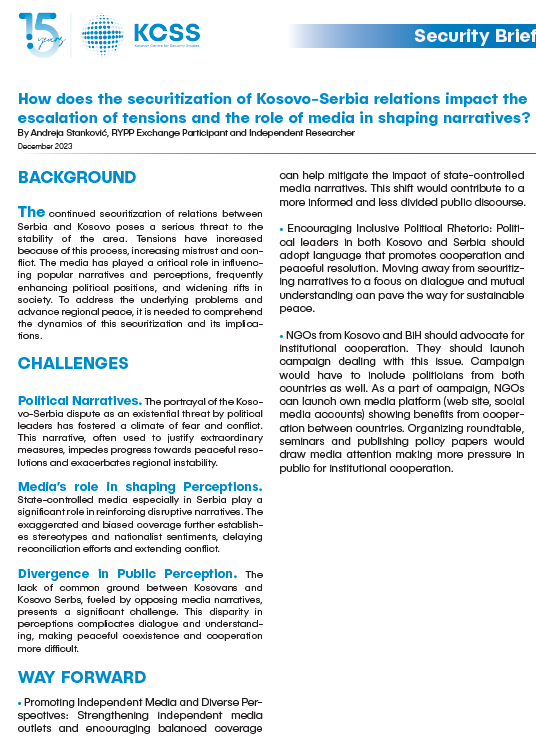 How does the securitization of Kosovo-Serbia relations impact the escalation of tensions and the role of media in shaping narratives?